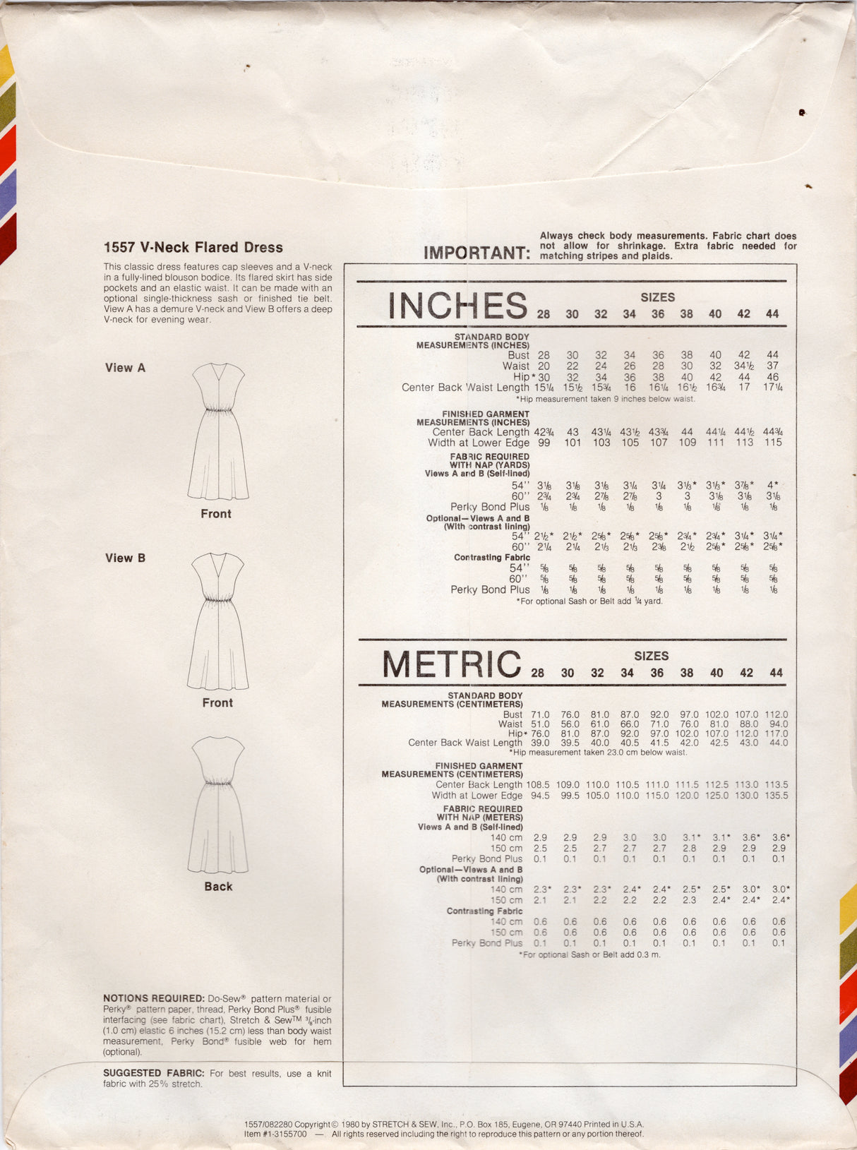1980's Stretch & Sew V-neck Flared Dress pattern - Bust 28-44" - No. 1557