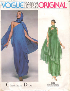 1970's Vogue Paris Original One Shoulder Dress and Stole Pattern - Christian Dior - Bust 36" - No. 1569