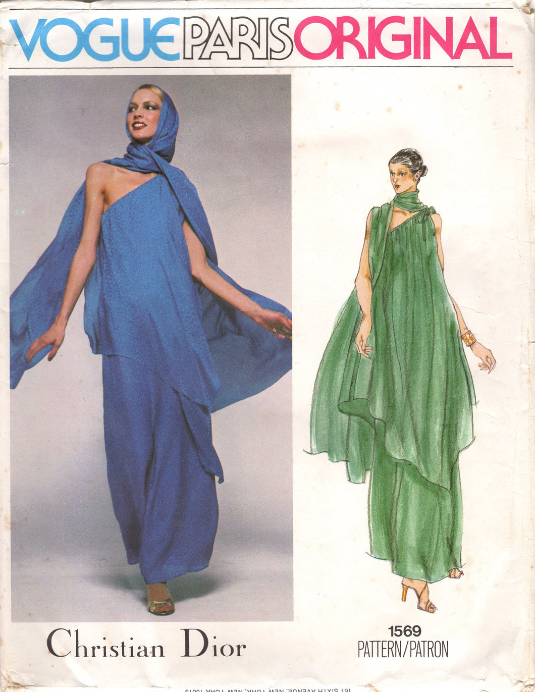 1970's Vogue Paris Original One Shoulder Dress and Stole Pattern - Christian Dior - Bust 36