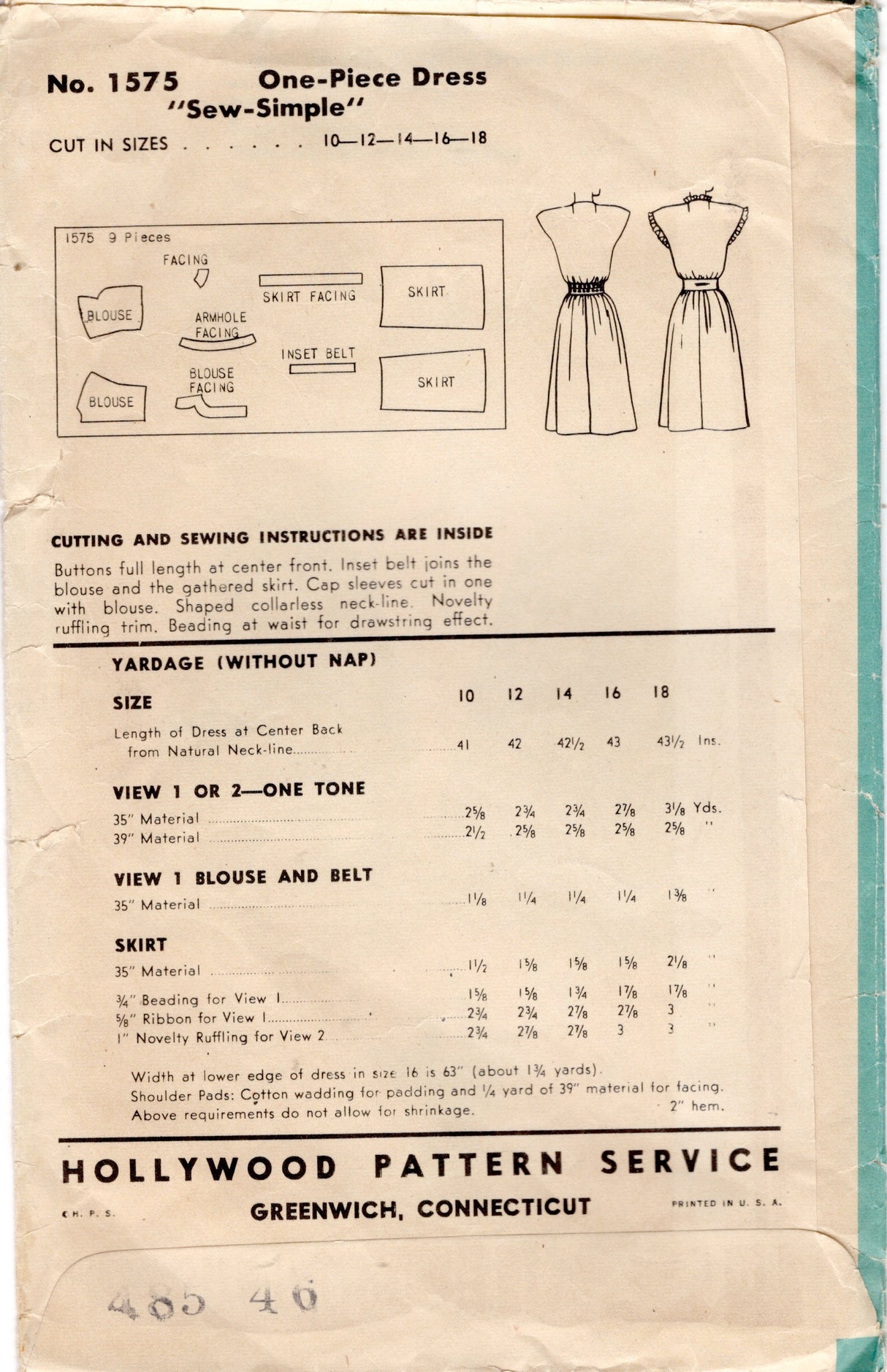 1940's Hollywood Button up Dress Pattern with Sweetheart Neckline - Bust 34" - No. 1575