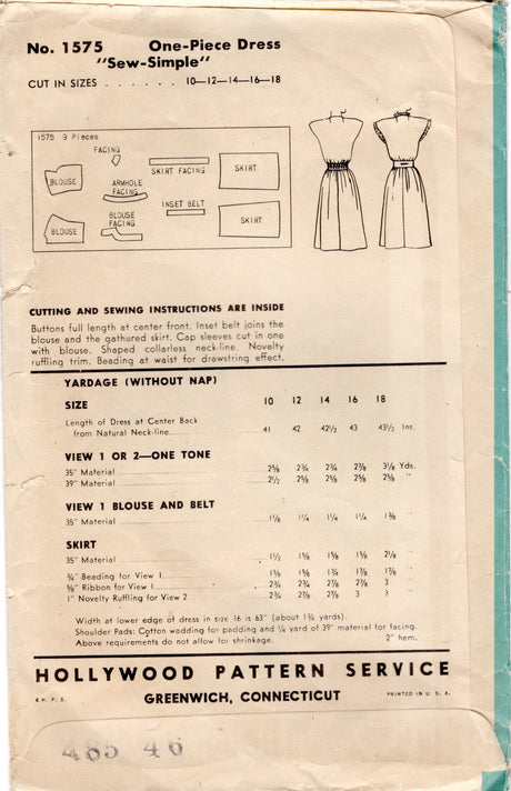 1940's Hollywood Button up Dress Pattern with Sweetheart Neckline - Bust 34" - No. 1575