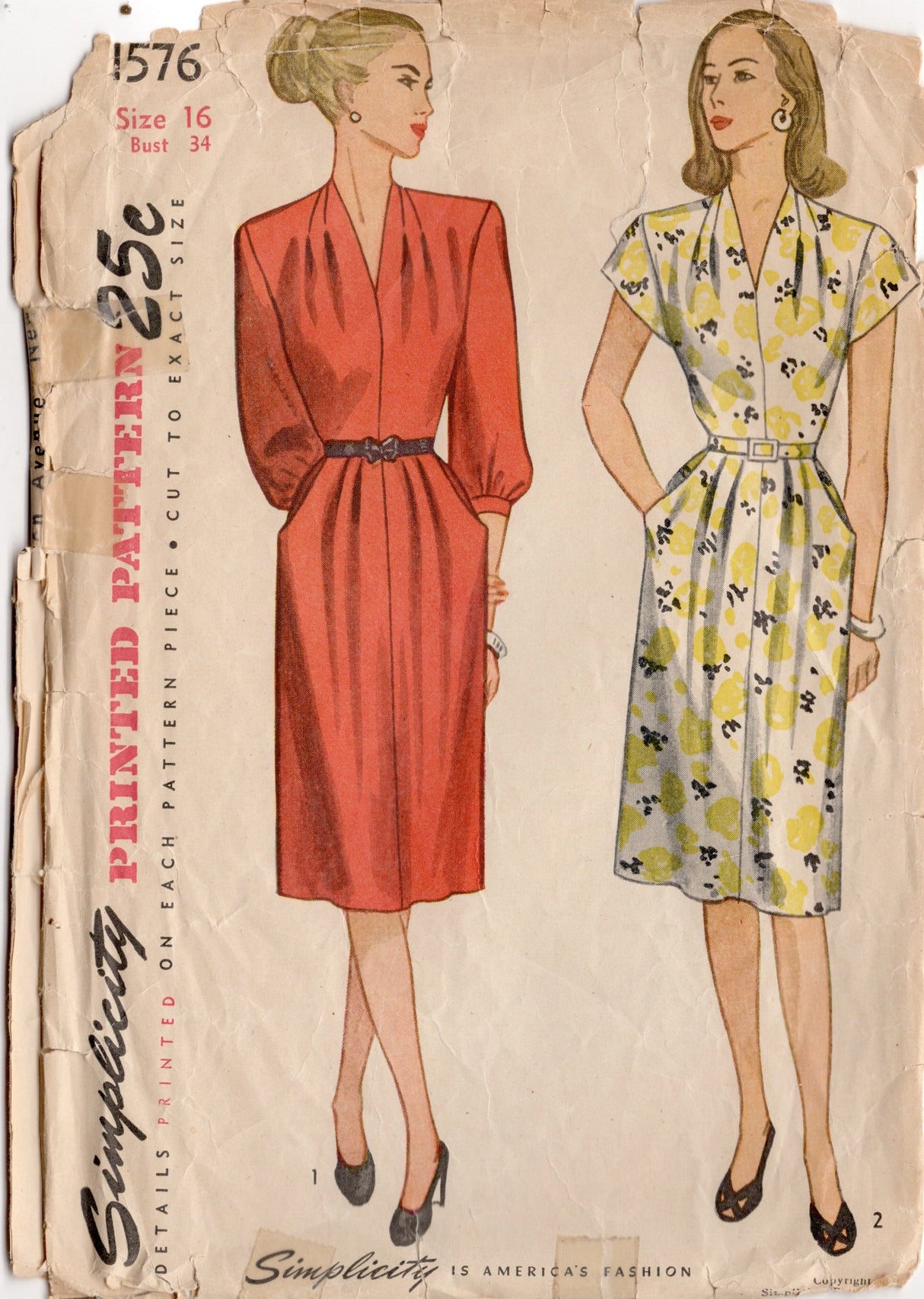 1940's Simplicity Tucked Shoulder One Piece Dress with pockets - Bust 34" - No. 1576