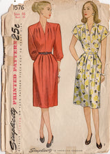 1940's Simplicity Tucked Shoulder One Piece Dress with pockets - Bust 34" - No. 1576