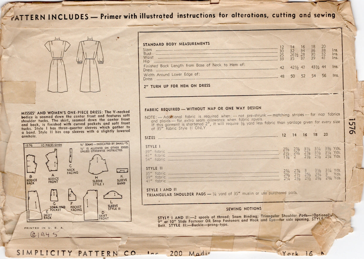 1940's Simplicity Tucked Shoulder One Piece Dress with pockets - Bust 34" - No. 1576