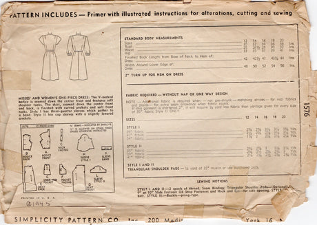 1940's Simplicity Tucked Shoulder One Piece Dress with pockets - Bust 34" - No. 1576