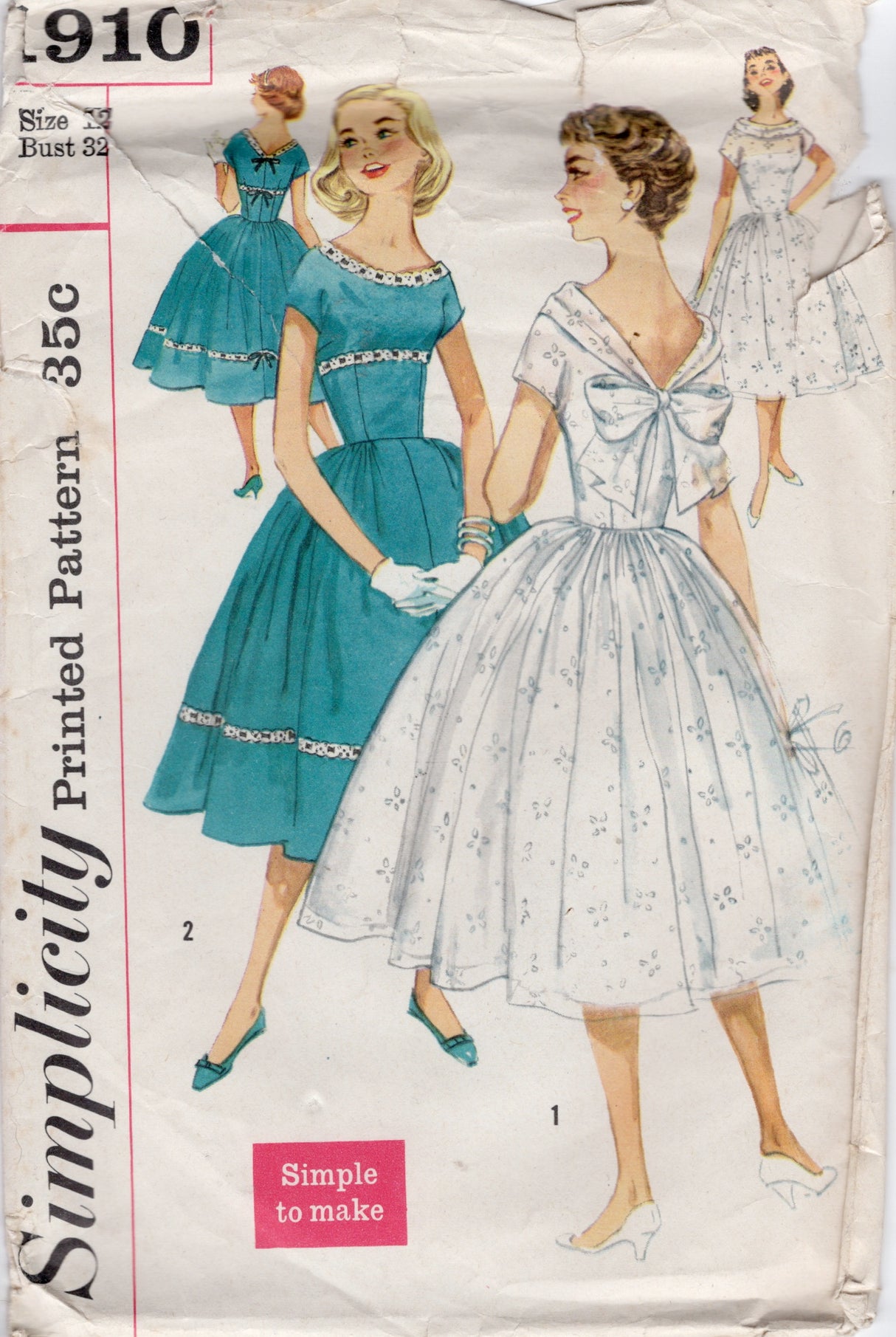 1950's Simplicity Fitted Waist Dress with Gathered Skirt and Low-cut Back with Bow Accent pattern - Bust 32" - No. 1910