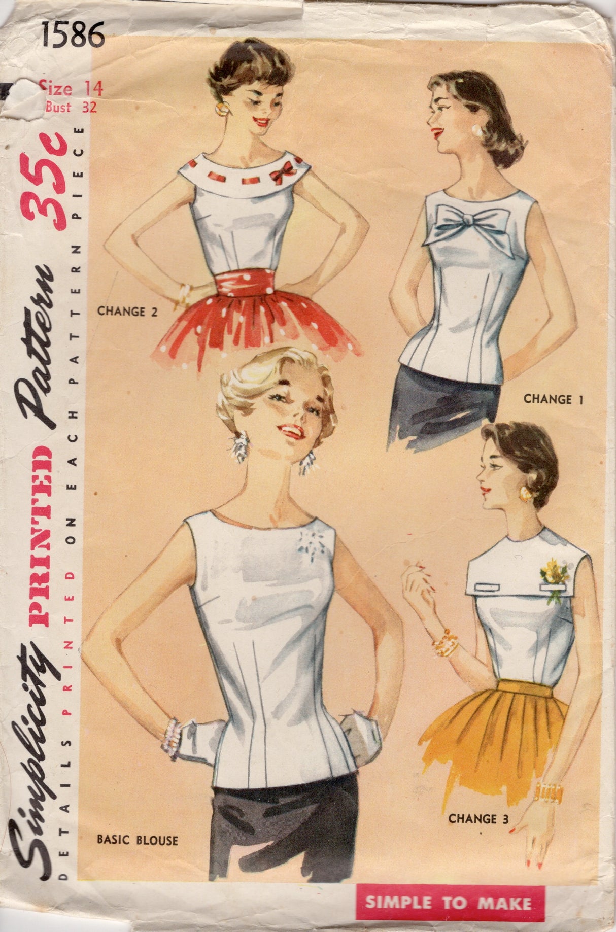 1950’s Simplicity Basic Blouse Pattern in 4 styles - Bust 32" - No. 1586