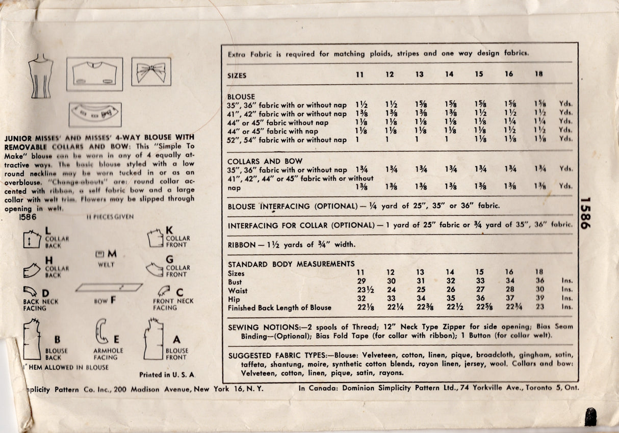 1950’s Simplicity Basic Blouse Pattern in 4 styles - Bust 32" - No. 1586