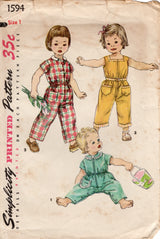 1950's Simplicity Child's Coveralls Pattern - Chest 20" - No. 1594