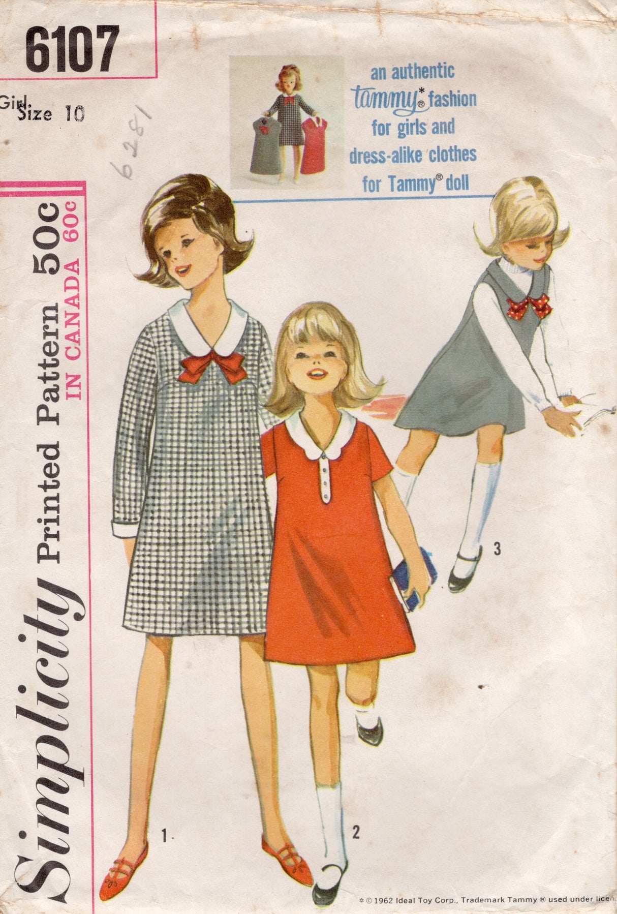 1960's Simplicity Child's Collared Dress and matching Tammy Doll Dress Pattern - Chest 28" - No. 6107