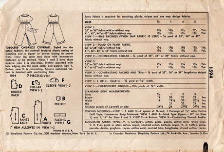 1950's Simplicity Child's Coveralls Pattern - Chest 20" - No. 1594