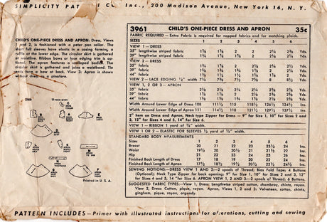 1950's Simplicity Child's Apron Dress Pattern - Chest 22" - No. 3961
