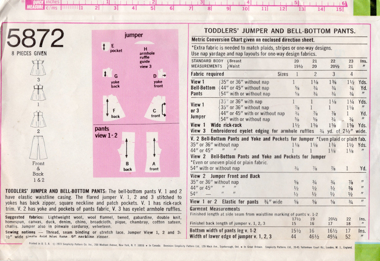 1970's Simplicity Child's Jumper Dress and Bell-Bottom Pants pattern - Chest 21" - No. 5872