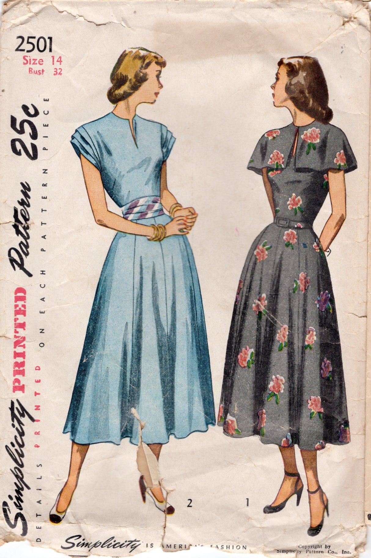 1940's Simplicity One Piece Dress with Gathered Sleeves, Belt and Cape Pattern - Bust 32" - No. 2501