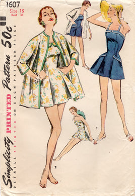 1950's Simplicity One Piece Princess Line Swimsuit with Beach Jacket Pattern - Bust 32