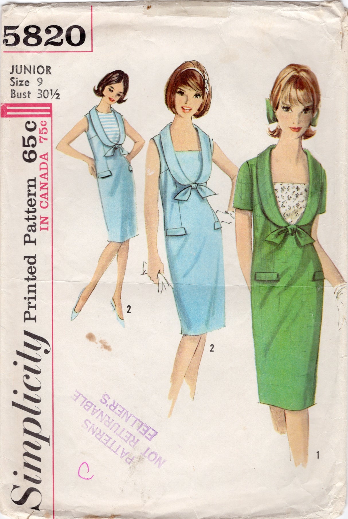 1960's Simplicity Sheath Dress Pattern with Rolled Collar and Two Dickies - Bust 30.5" - No. 5820