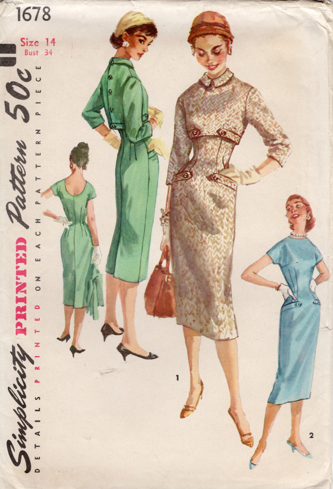 1950's Simplicity Sheath Dress and Jacket with Tab Accents - Bust 34