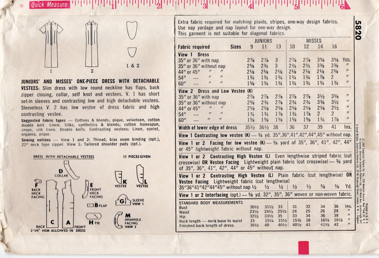 1960's Simplicity Sheath Dress Pattern with Rolled Collar and Two Dickies - Bust 30.5" - No. 5820