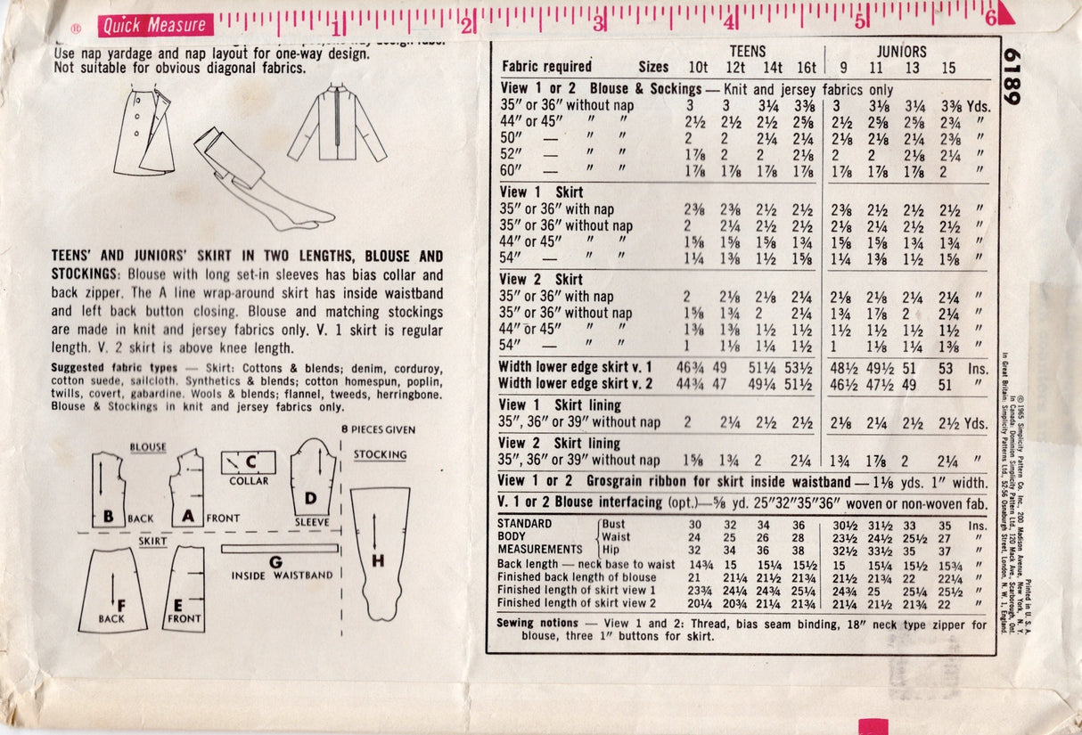 1960's Simplicity Blouse, Leggings and Back Wrapped Skirt Pattern - Bust 33" - No. 6189