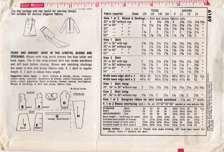 1960's Simplicity Blouse, Leggings and Back Wrapped Skirt Pattern - Bust 33" - No. 6189