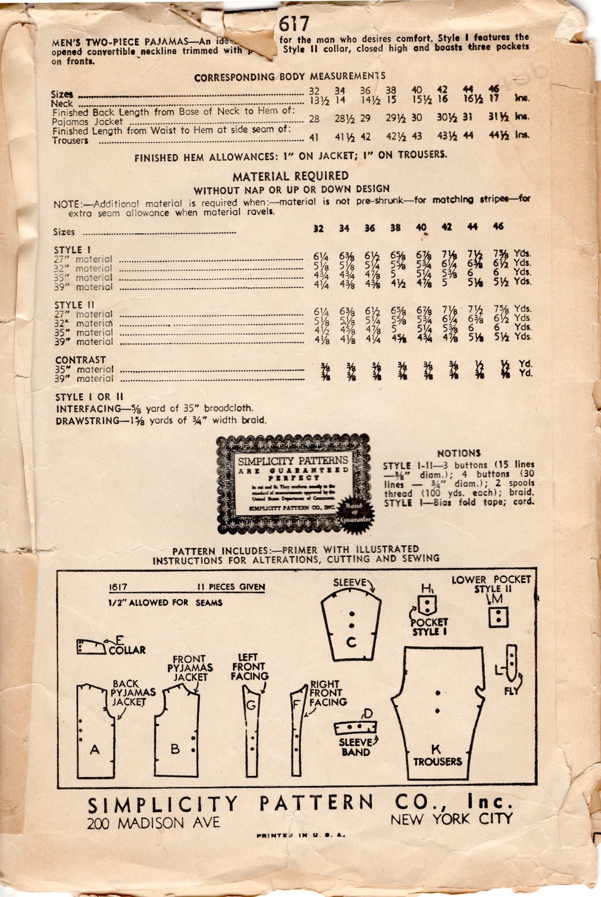 1930's Simplicity Men's Two Piece Pajamas Pattern - Chest 36" - No. 1617