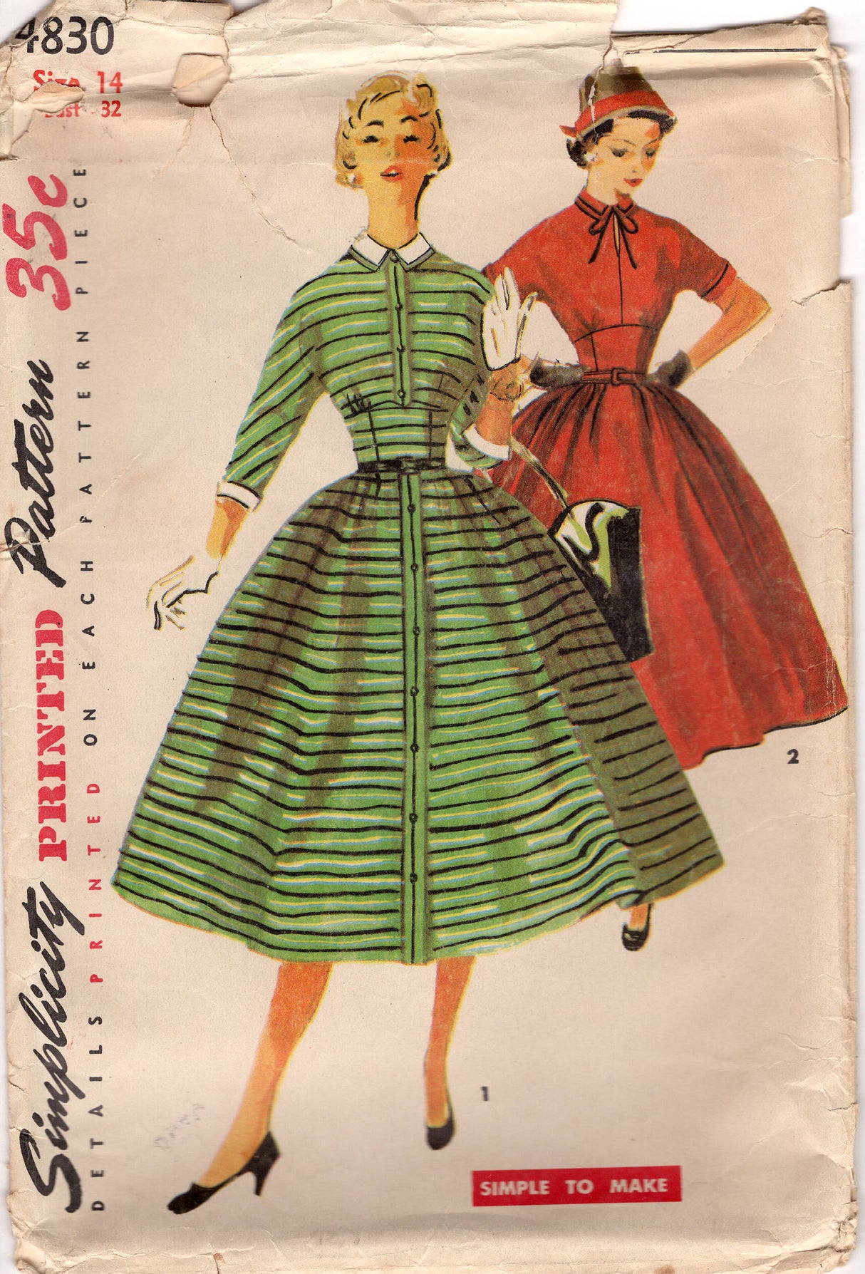 1950's Simplicity One Piece Dress with Fitted Waist, Slit Neckline and Full skirt pattern with detachable collar and cuffs - Bust 32" - UC/FF - No. 4830