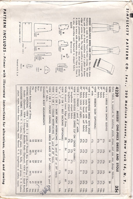 1950's Simplicity One Piece Button up Dress and Stole pattern - Bust 32" - UC/FF - No. 4239