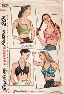 1940's Simplicity Bra Top in Fours styles Pattern - Bust 34-36" - No. 1624