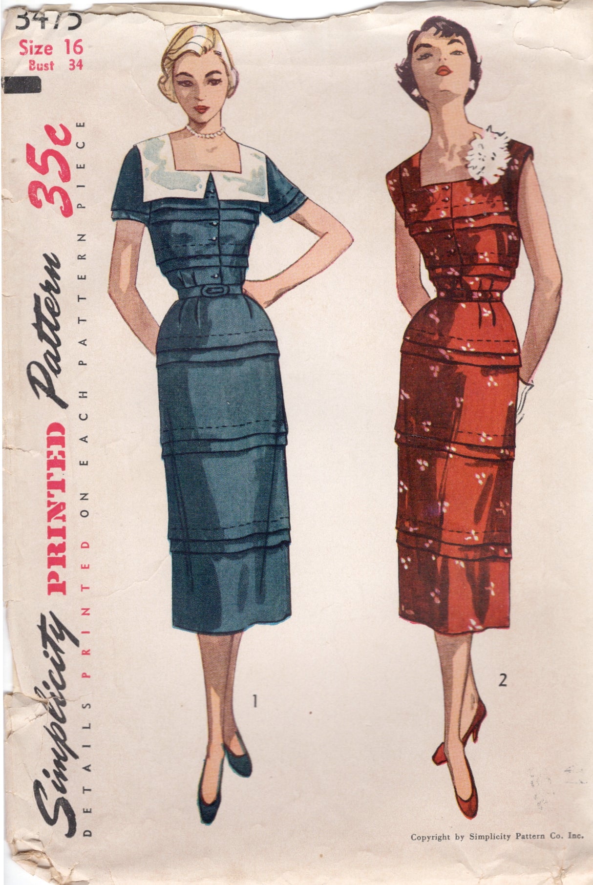 1950's Simplicity Shirtwaist Sheath Dress Pattern with Square Neckline and Tucks - Bust 34" - No. 3475