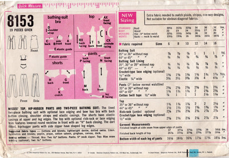 1960's Simplicity Bra Top, Cover Up and Hip hugger Pants pattern - Bust 34" - No. 8153