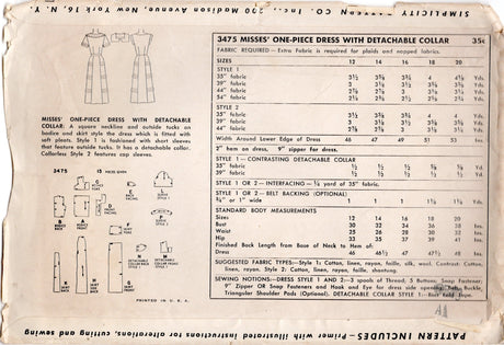 1950's Simplicity Shirtwaist Sheath Dress Pattern with Square Neckline and Tucks - Bust 34" - No. 3475