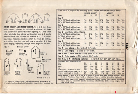 1950's Simplicity Pin Tuck Button Up Blouse Pattern - Bust 32" - No. 1837