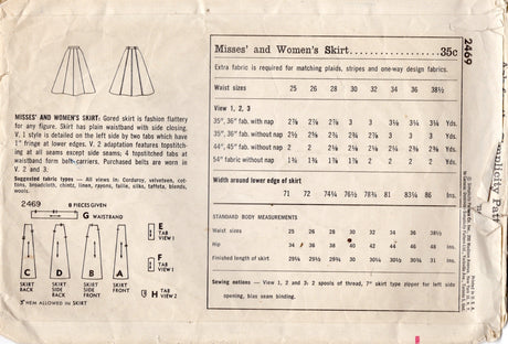 1950's Simplicity Eight Gore Skirt Pattern - Waist 26" - No. 2469