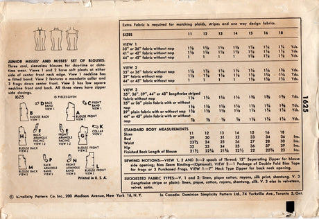 1950's Simplicity Blouse in Three Styles Pattern - Bust 32" - No. 1625