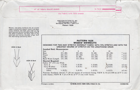 1980's Kwik Sew One Piece Deep Back Swimsuit Pattern - Bust 31.5-35.5" - No. 1625