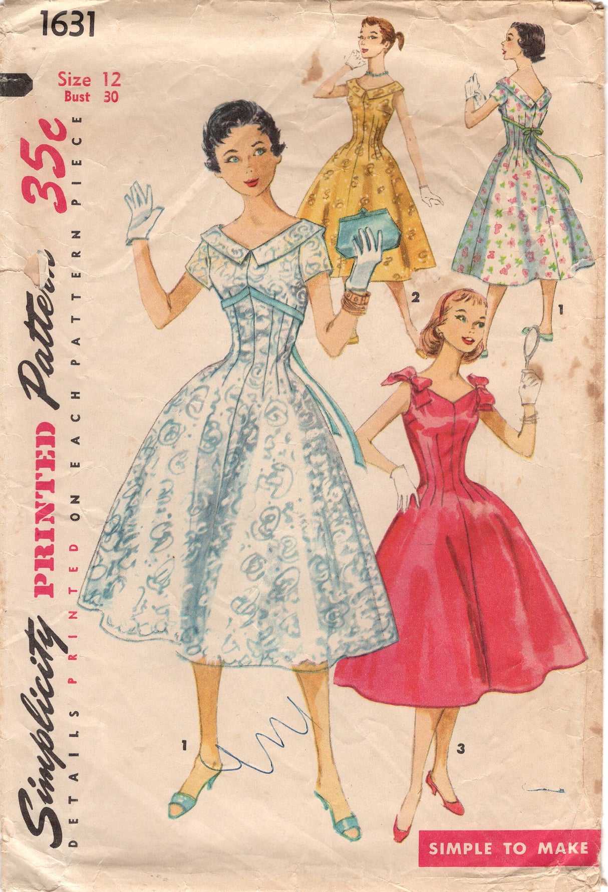 1950's Simplicity One Piece Fitted Waist Dress with Bow Accent and Short Sleeve - Bust 30" - No. 1631