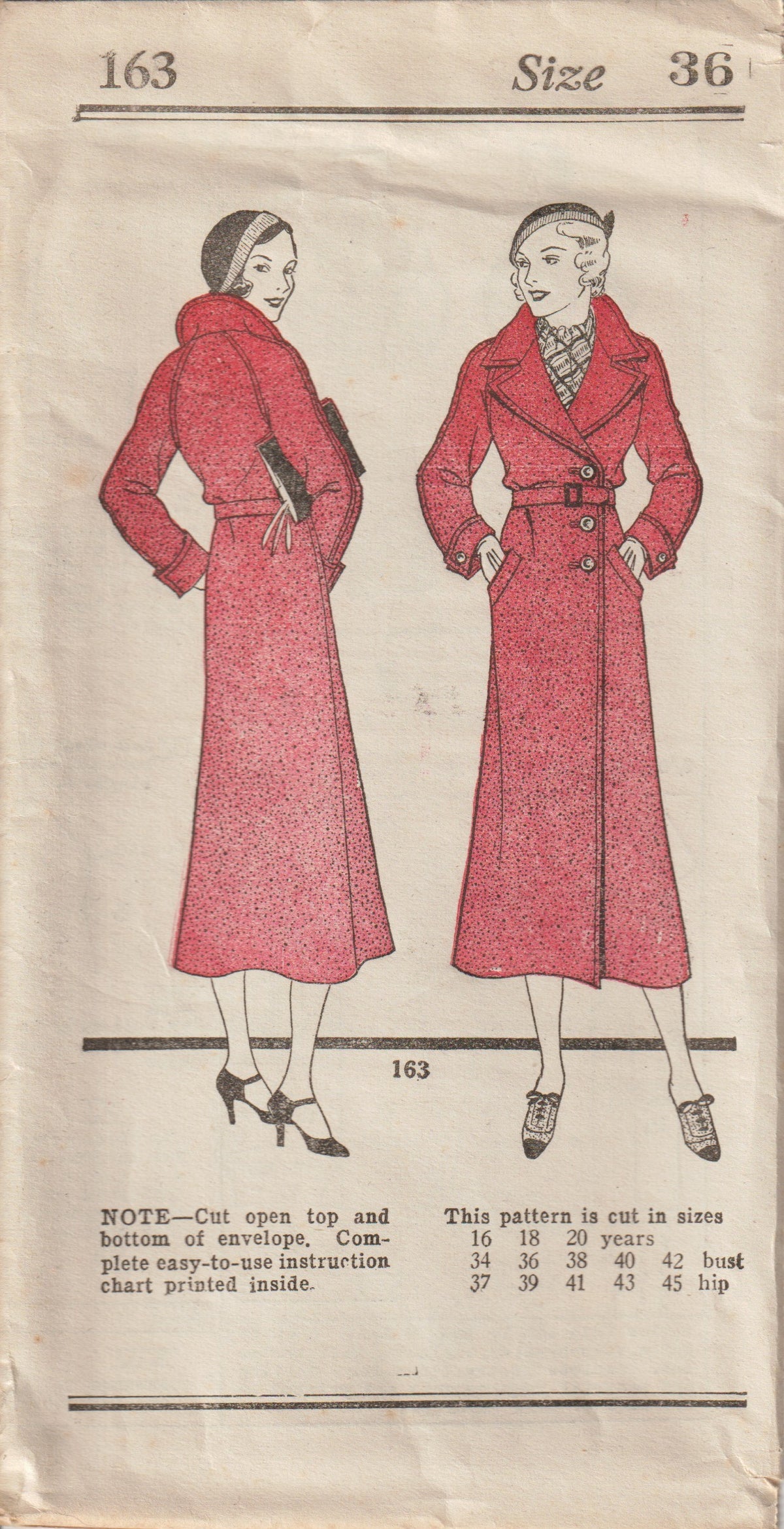 1930's New York Single Breasted Off Center Button Coat Pattern - Bust ...