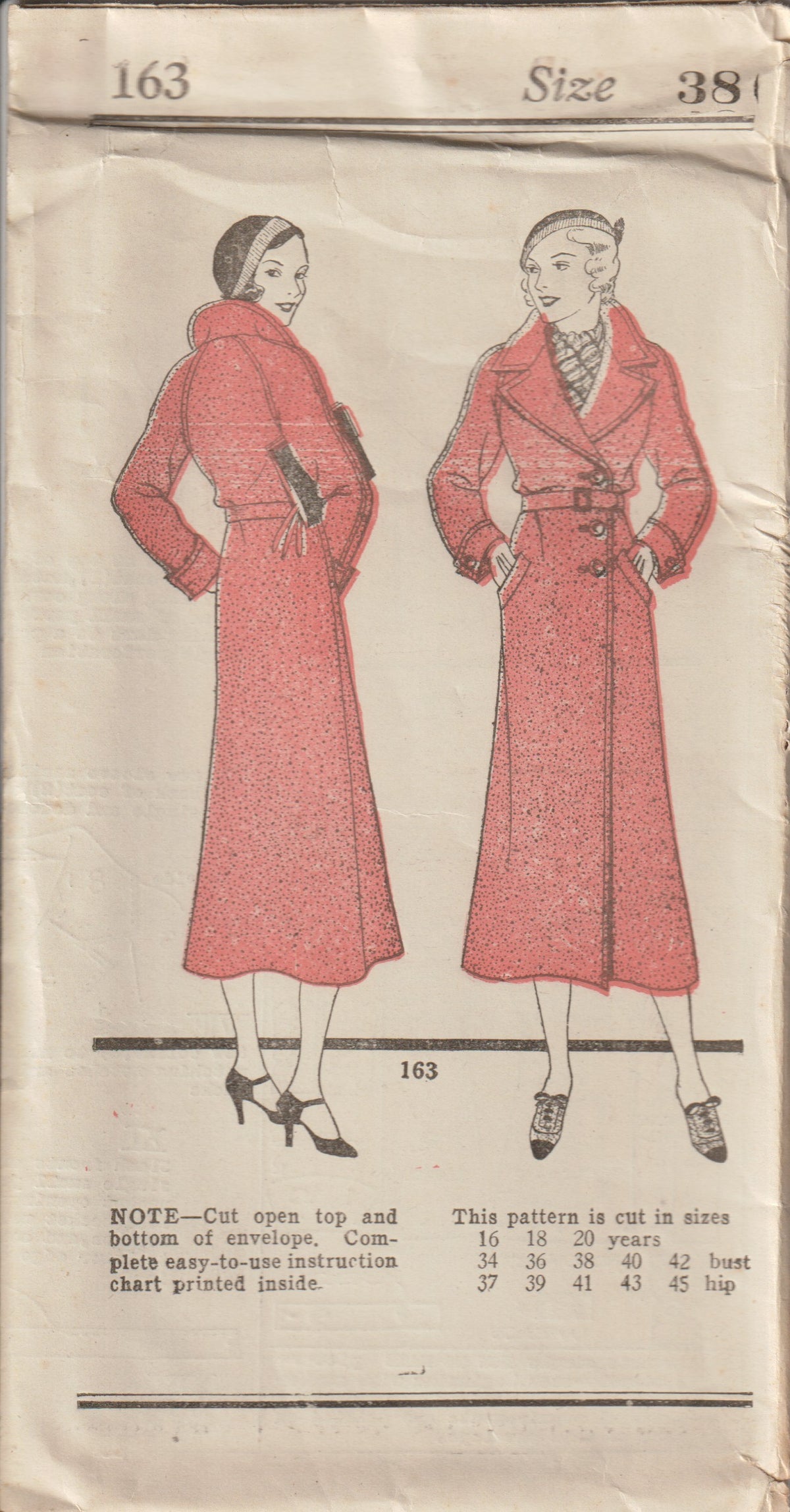 1930's New York Single Breasted Off Center Button Coat Pattern - Bust ...