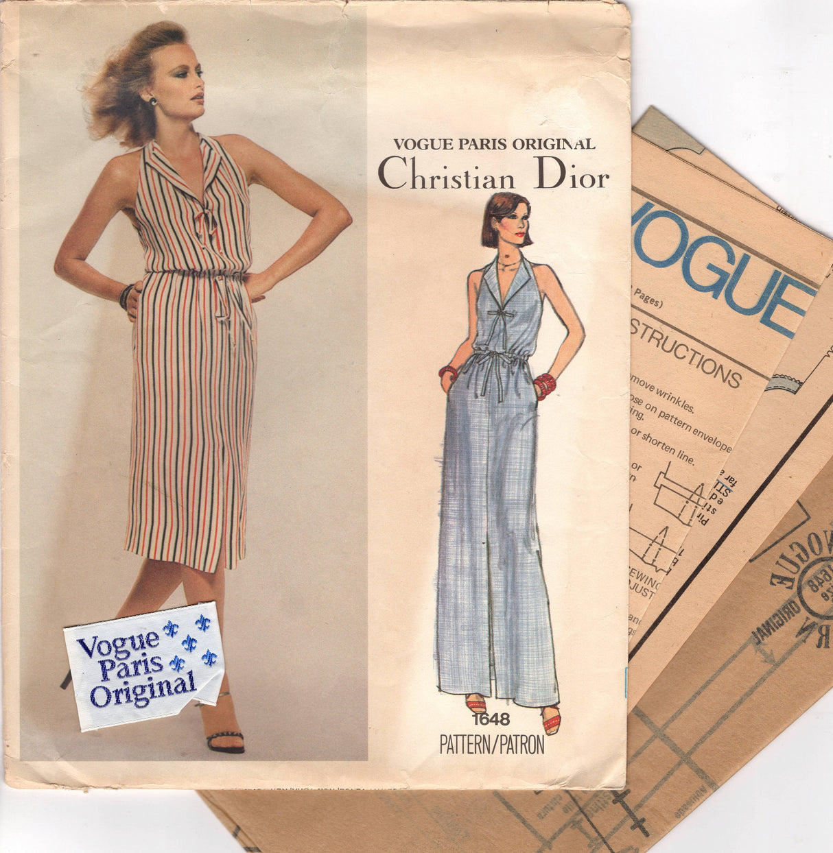 1970's Vogue Paris Original One Piece Dress with Tie Waist - Christian Dior - Bust 34" - UC/FF - No. 1648