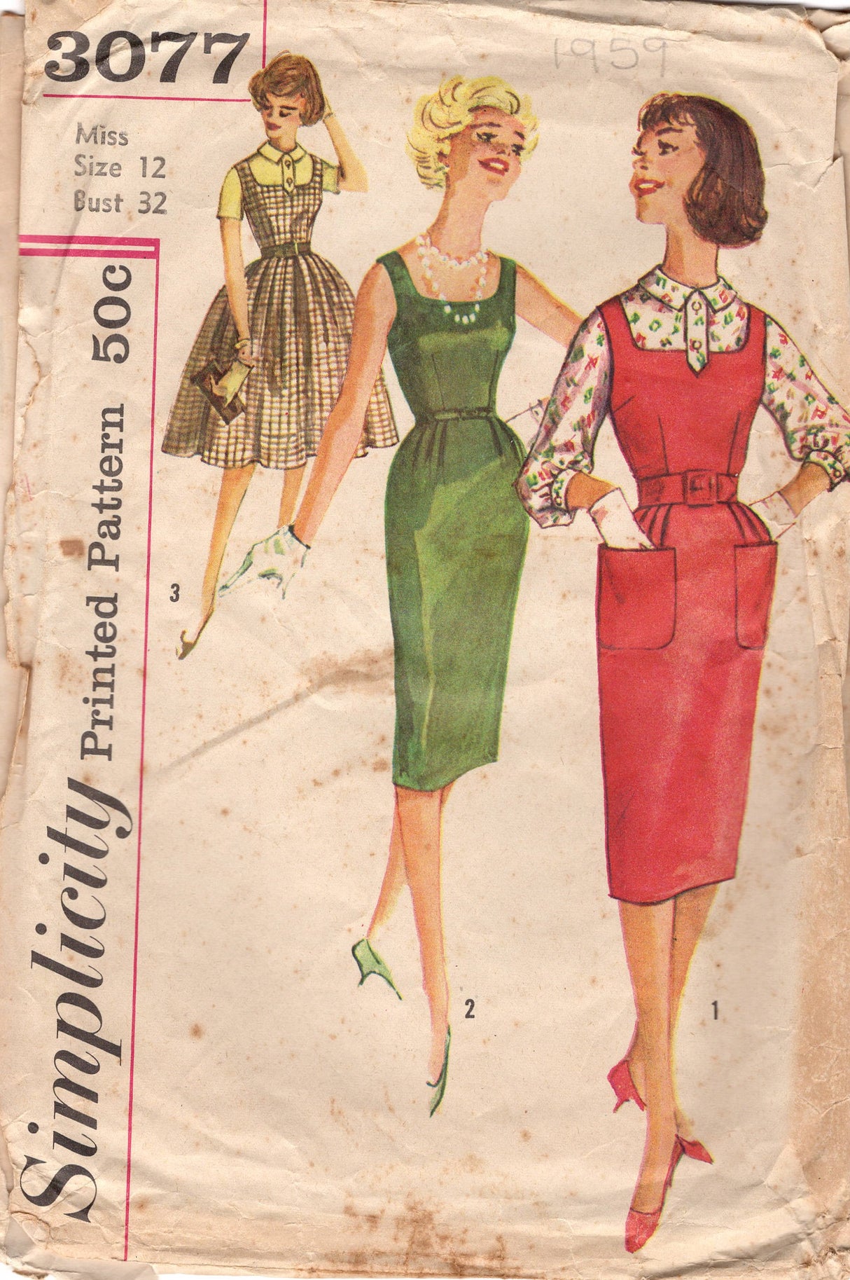 1950's Simplicity Sheath or Fit and Flare Jumper Dress and Button Up Blouse Pattern - Bust 32" - No. 3077