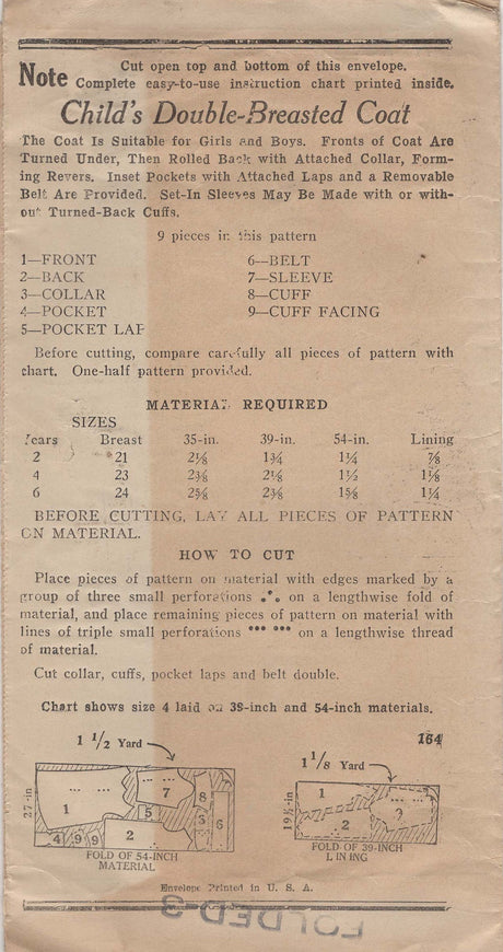 1930's New York Child’s Double Breasted Coat Pattern - Chest 24" - No. 164