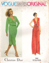 1970's Vogue Paris Original Midi or Maxi Dress with Deep V neckline Pattern - Bust 34" - No. 1660