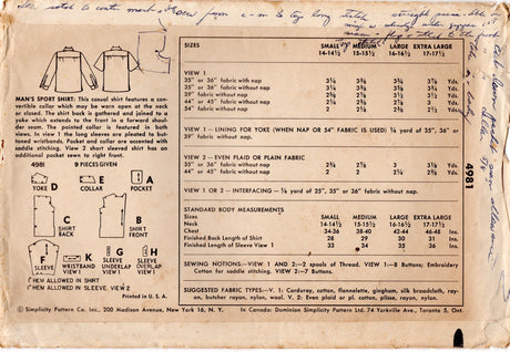 1950's Simplicity Men's Sport Button Up Shirt Pattern - Chest 42-44" - No. 4981