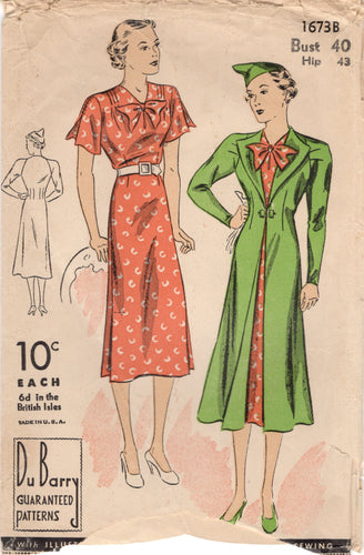 1940's DuBarry One Piece Dress with Flutter Sleeve and Redingote Pattern - Bust 40