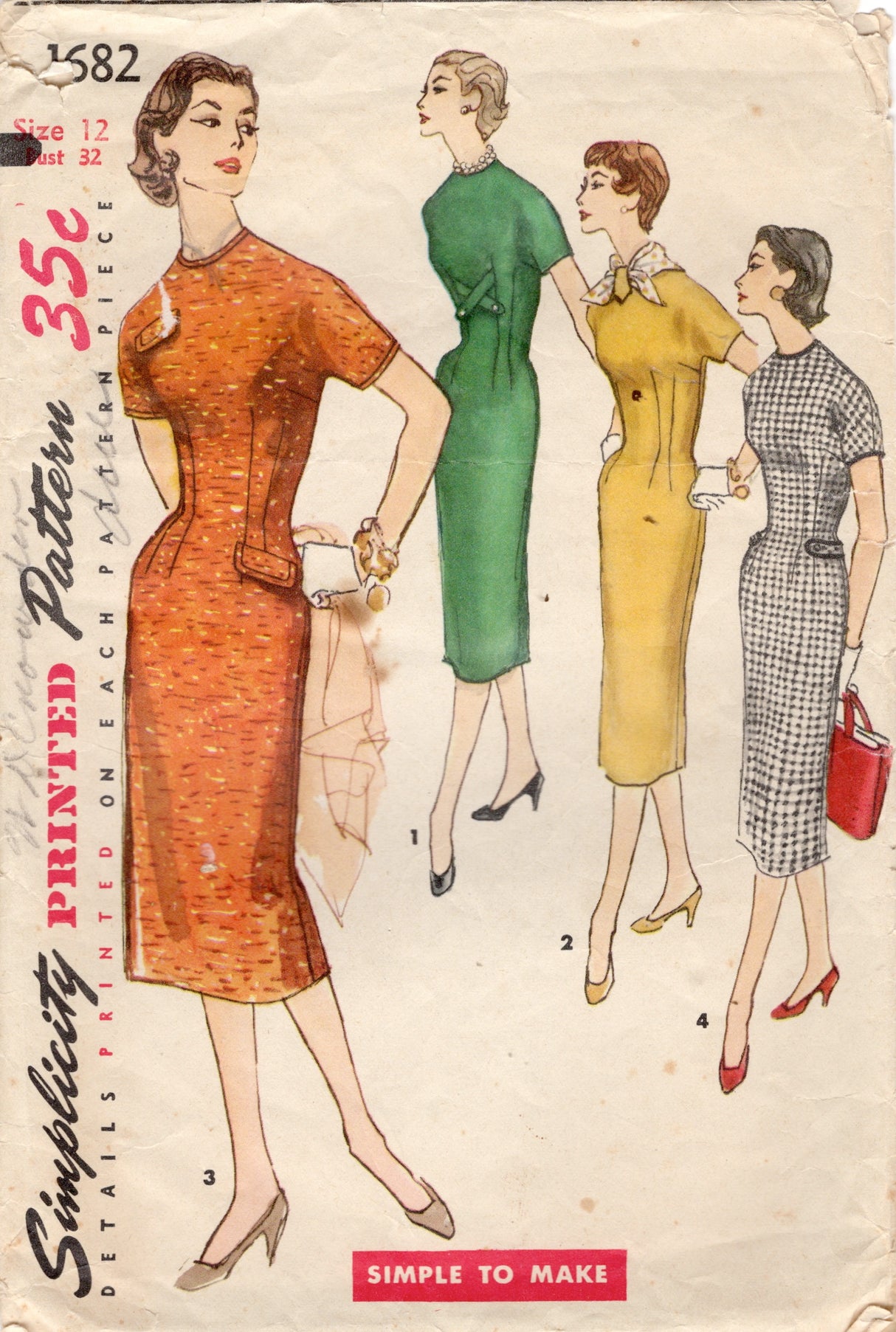 1950’s Simplicity One Piece Sheath Dress Pattern with Tab Accents - Bust 32" - No. 1682