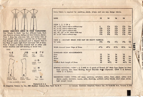 1950’s Simplicity One Piece Sheath Dress Pattern with Tab Accents - Bust 32" - No. 1682