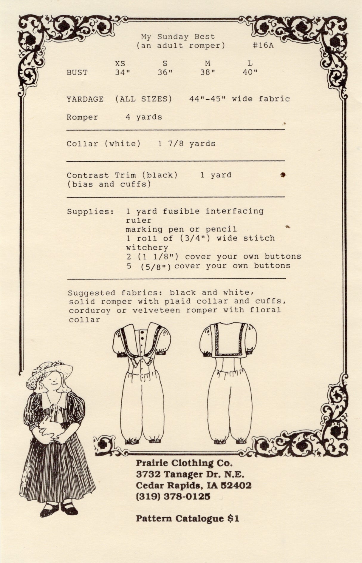 1990's Prairie Clothing Company Jumpsuit Pattern with Large Collar - Bust 34-40" - No. 16