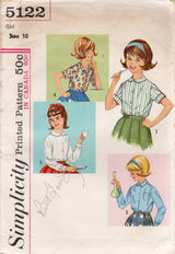 1960's Simplicity Child's Button Up Blouse Pattern - Chest 28" - No. 5122