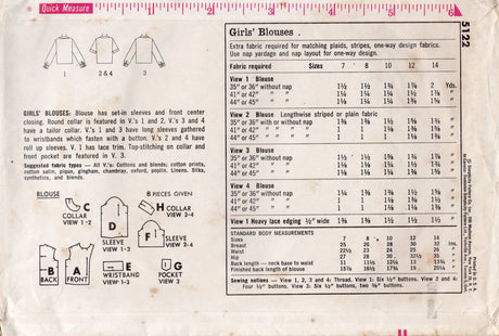 1960's Simplicity Child's Button Up Blouse Pattern - Chest 28" - No. 5122