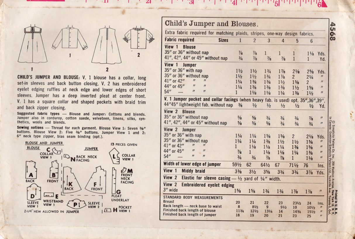 1960's Simplicity Child's Tent Dress and Blouse Pattern - Chest 24" - No. 4568